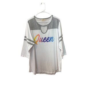 Bobbie Brooks Plus Size 2X Queen Graphic Football Tee Shirt Keyhole Neck White
